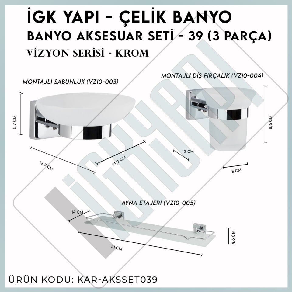 İGK YAPI - Çelik Banyo Vizyon Banyo Aksesuar Seti - 39 (3 Parça)