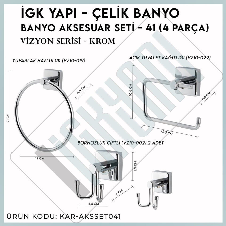 İGK YAPI - Çelik Banyo Vizyon Banyo Aksesuar Seti - 41 (3 Parça)