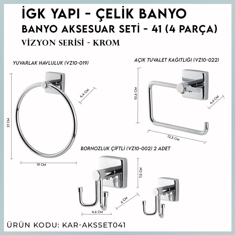 İGK YAPI - Çelik Banyo Vizyon Banyo Aksesuar Seti - 41 (3 Parça)