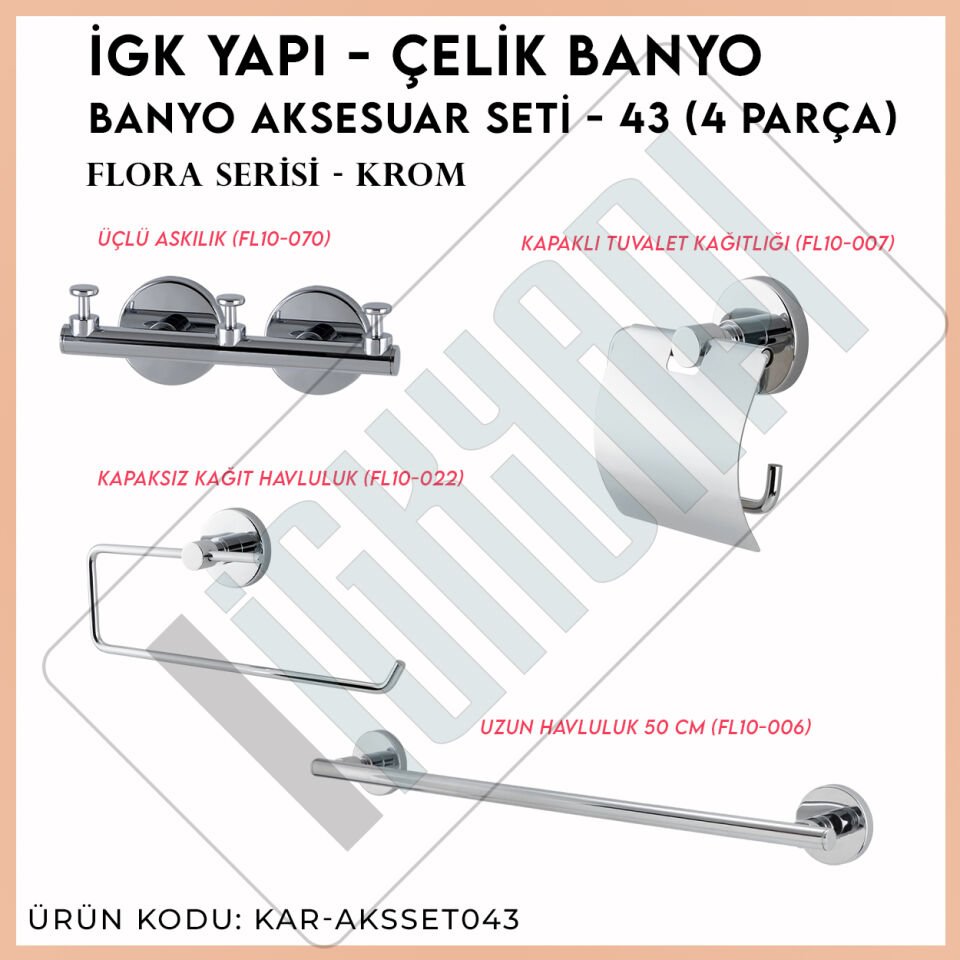 İGK YAPI - Çelik Banyo Flora Banyo Aksesuar Seti - 43 (4 Parça)