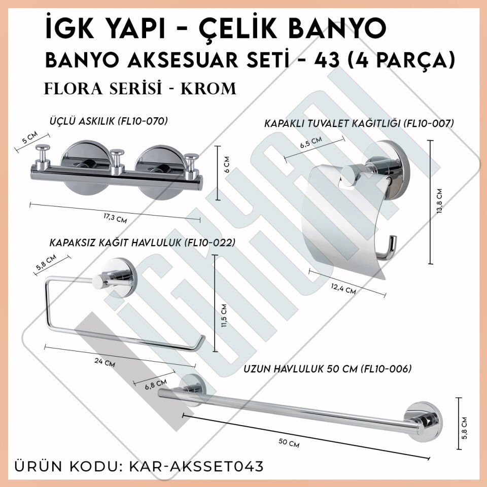 İGK YAPI - Çelik Banyo Flora Banyo Aksesuar Seti - 43 (4 Parça)