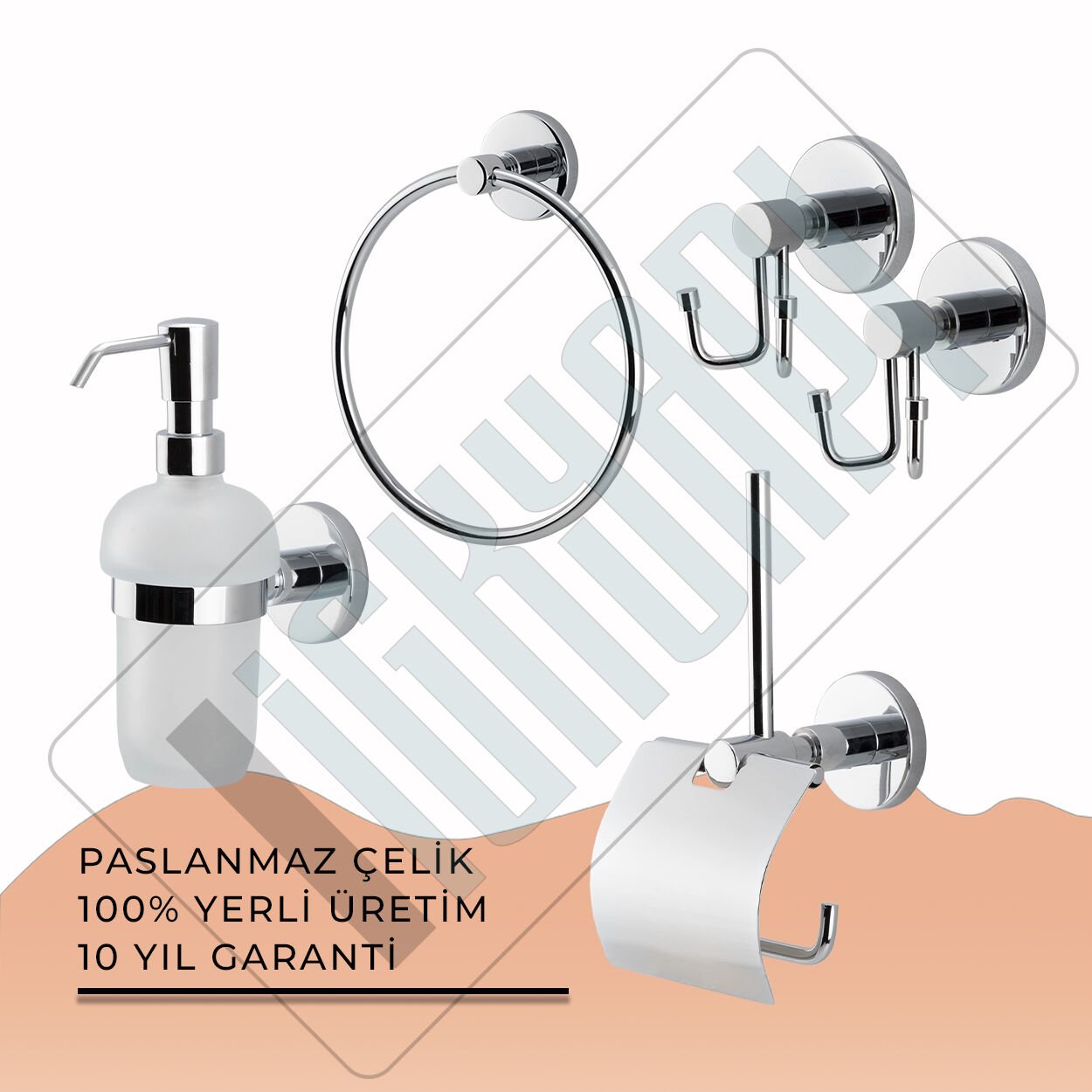 İGK YAPI - Çelik Banyo Flora Banyo Aksesuar Seti - 44 (5 Parça)