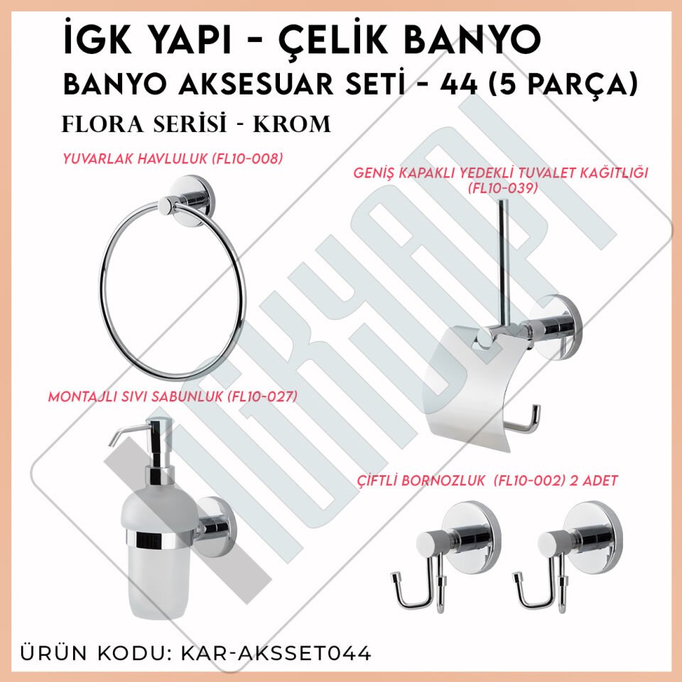 İGK YAPI - Çelik Banyo Flora Banyo Aksesuar Seti - 44 (5 Parça)