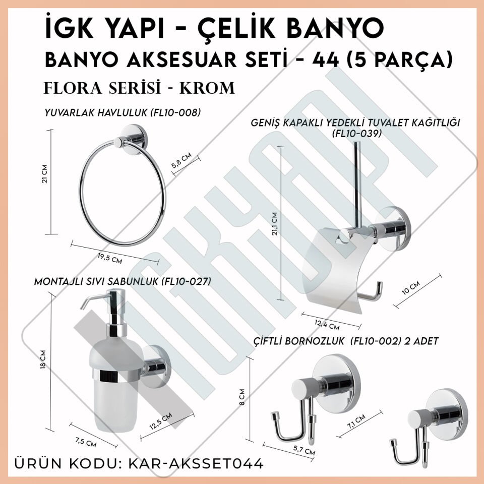 İGK YAPI - Çelik Banyo Flora Banyo Aksesuar Seti - 44 (5 Parça)