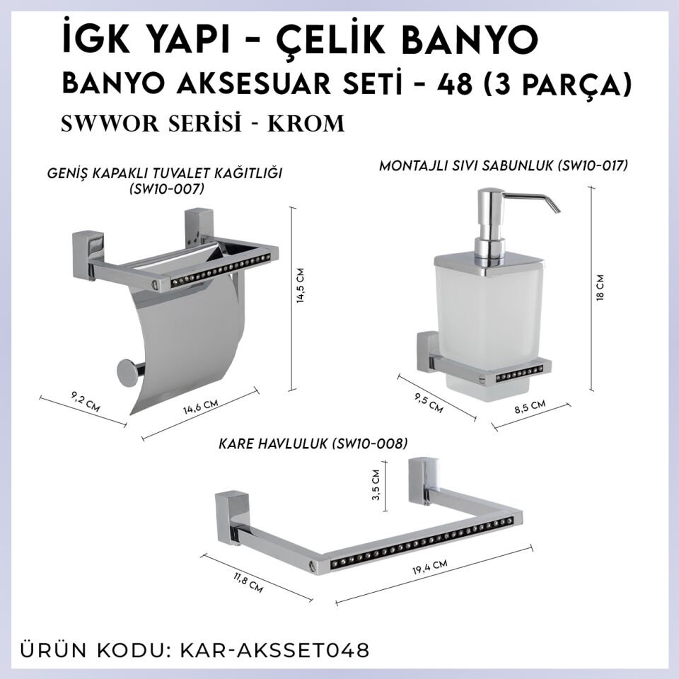 İGK YAPI - Çelik Banyo Swwor Banyo Aksesuar Seti - 48 (3 Parça)