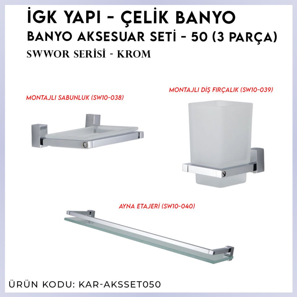 İGK YAPI - Çelik Banyo Swwor Banyo Aksesuar Seti - 50 (3 Parça)