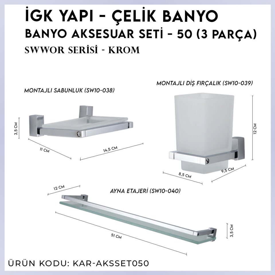 İGK YAPI - Çelik Banyo Swwor Banyo Aksesuar Seti - 50 (3 Parça)