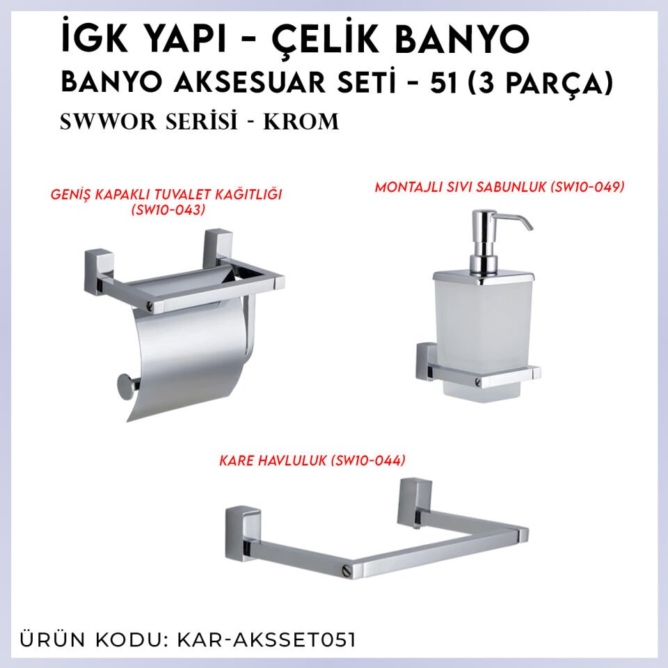 İGK YAPI - Çelik Banyo Swwor Banyo Aksesuar Seti - 51 (3 Parça)