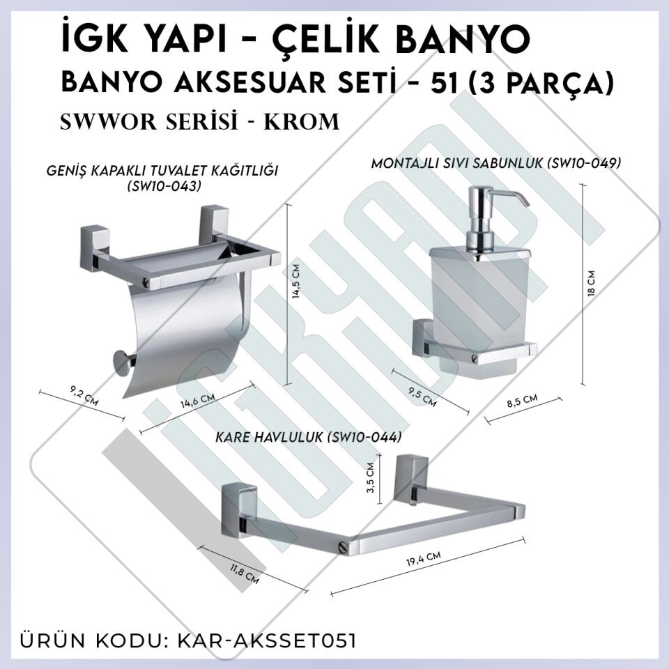 İGK YAPI - Çelik Banyo Swwor Banyo Aksesuar Seti - 51 (3 Parça)