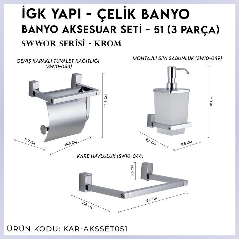 İGK YAPI - Çelik Banyo Swwor Banyo Aksesuar Seti - 51 (3 Parça)