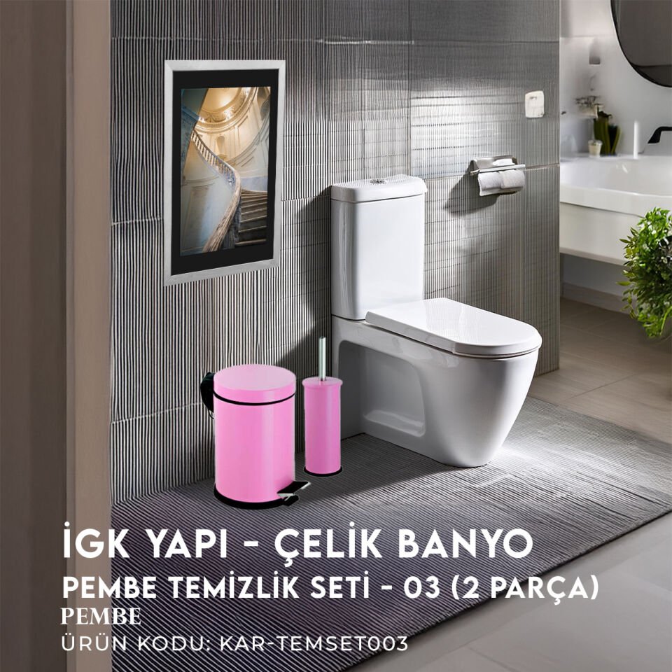 İGK YAPI - Çelik Banyo Pembe Temizlik Seti - 03 (2 Parça)