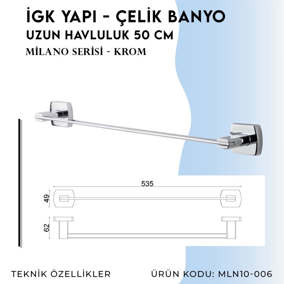 İGK YAPI - Çelik Banyo Milano Uzun Havluluk 50cm (MLN10-006)