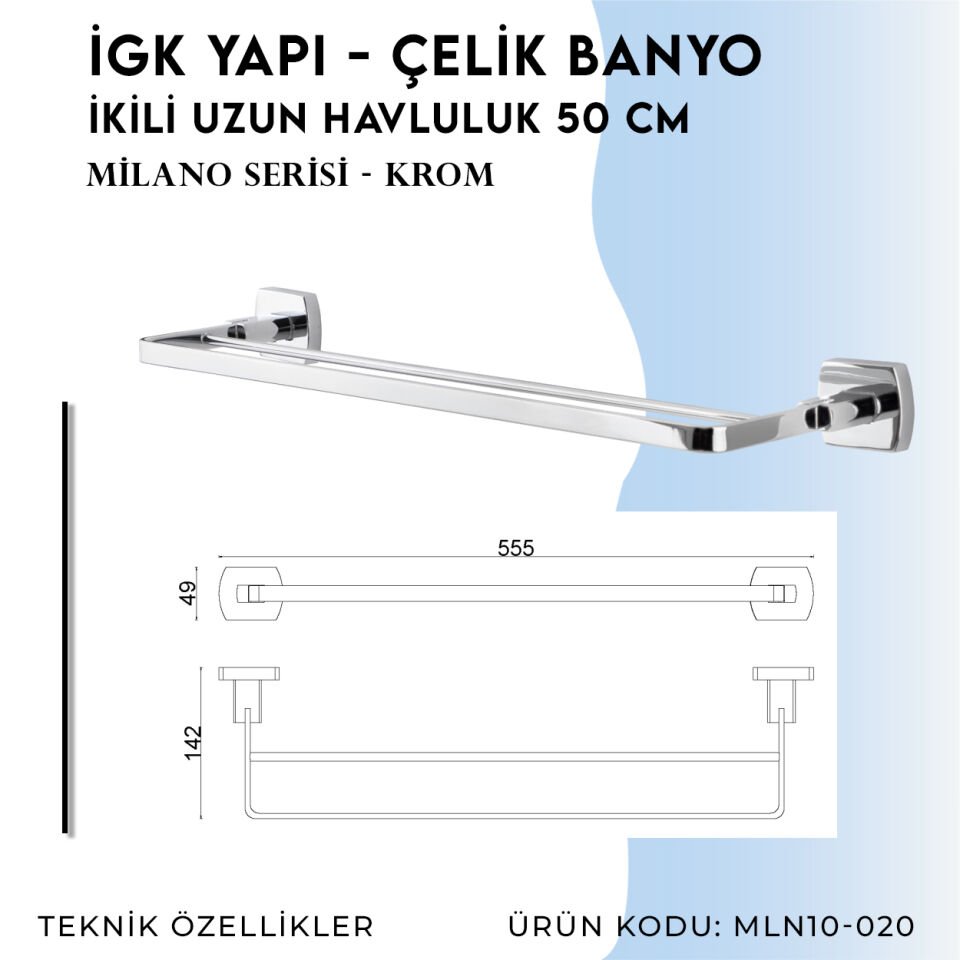 İGK YAPI - Çelik Banyo Milano İkili Uzun Havluluk 50cm (MLN10-020)