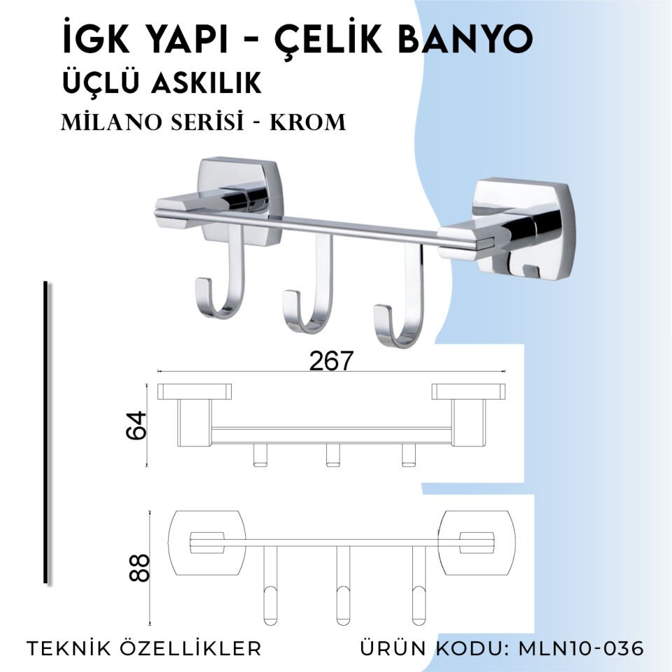 İGK YAPI - Çelik Banyo Milano Üçlü Askılık (MLN10-036)