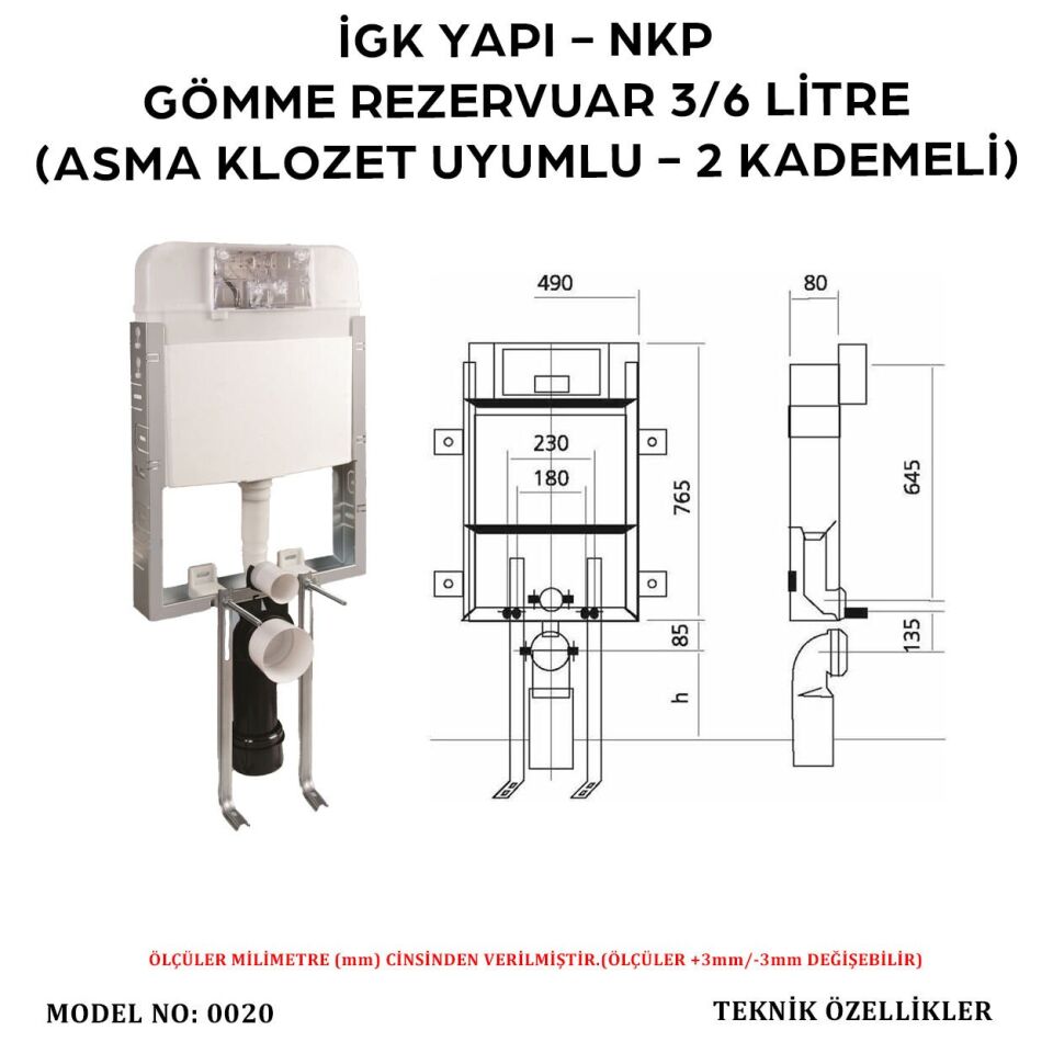 İGK YAPI – NKP 0020 Gömme Rezervuar 3/6 Litre (Asma Klozet Uyumlu - 2 Kademeli)