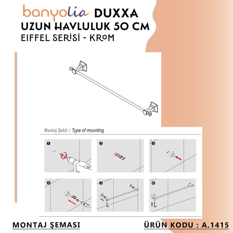 BANYOLİA - Duxxa Eiffel Uzun Havluluk (50 cm) Krom (A.1415)