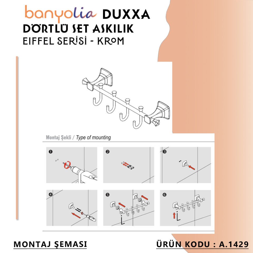 BANYOLİA - Duxxa Eiffel Beşli Set Askılık Krom (A.1429)
