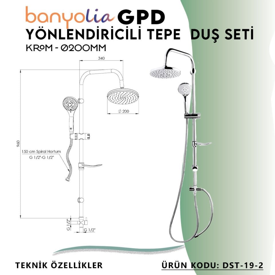 BANYOLİA - GPD Yönlendiricili Duş Seti (3 Fonksiyonlu El Duşu + Ø200)  (DST192)