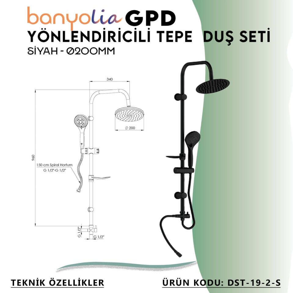BANYOLİA - GPD Yönlendiricili Duş Seti (3 Fonksiyonlu El Duşu + Ø200)  (DST192S)