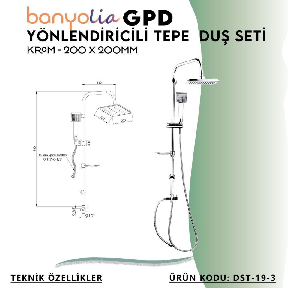 BANYOLİA - GPD Yönlendiricili Duş Seti (Tek Fonksiyonlu El Duşu + 200x200)  (DST193)