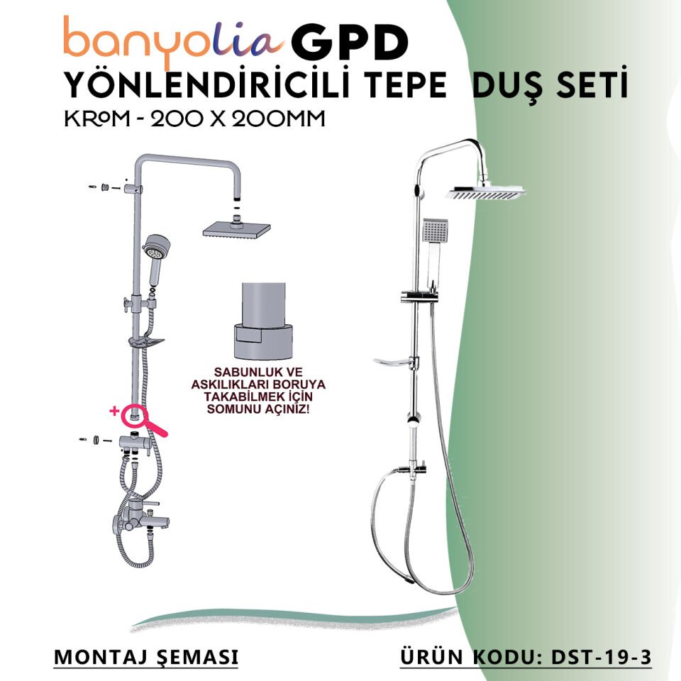 BANYOLİA - GPD Yönlendiricili Duş Seti (Tek Fonksiyonlu El Duşu + 200x200)  (DST193)