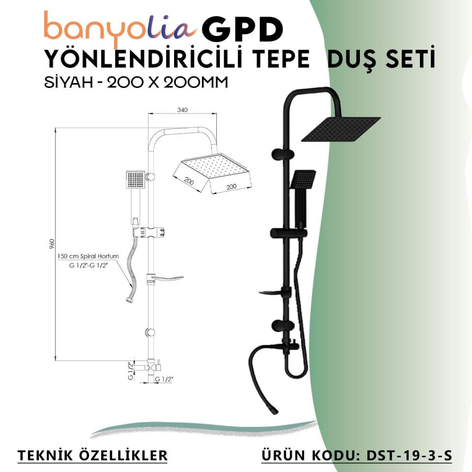 BANYOLİA - GPD Yönlendiricili Duş Seti (Tek Fonksiyonlu El Duşu + 200x200)  (DST193S)