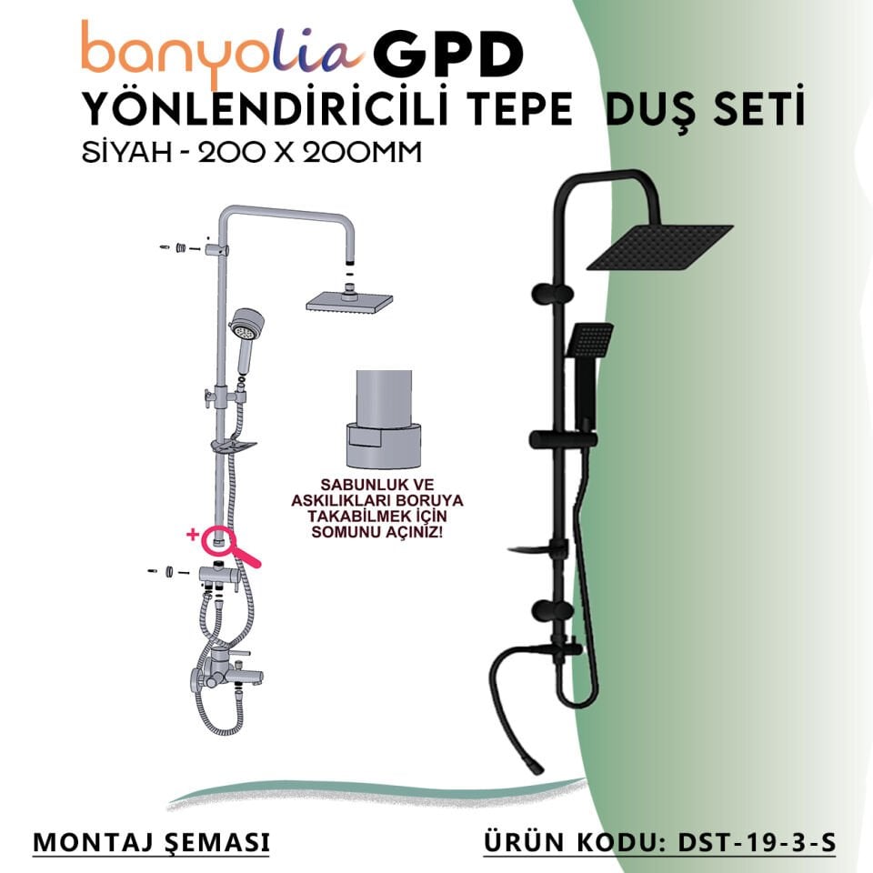 BANYOLİA - GPD Yönlendiricili Duş Seti (Tek Fonksiyonlu El Duşu + 200x200)  (DST193S)