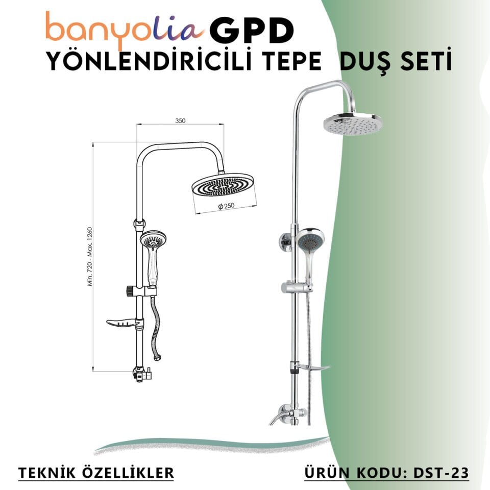 BANYOLİA - GPD Duş Seti (5 Fonksiyonlu El Duşu +Ø250)  (DST23)