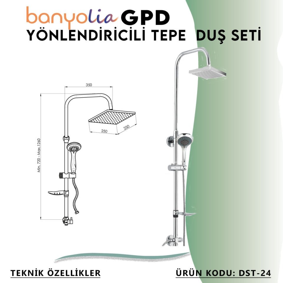 BANYOLİA - GPD Duş Seti (5 Fonksiyonlu El Duşu +250x250)  (DST24)
