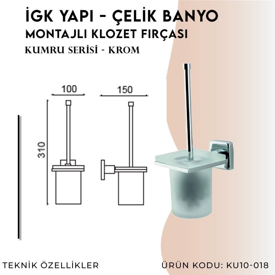 İGK YAPI - Çelik Banyo Kumru Montajlı Klozet Fırçası (KU10-018)