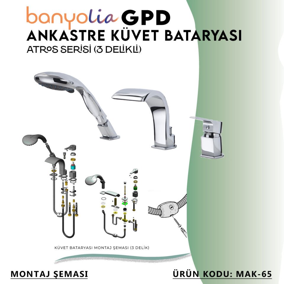 BANYOLİA - GPD Atros Ankastre Küvet Bataryası (3 Delikli)  (MAK65)