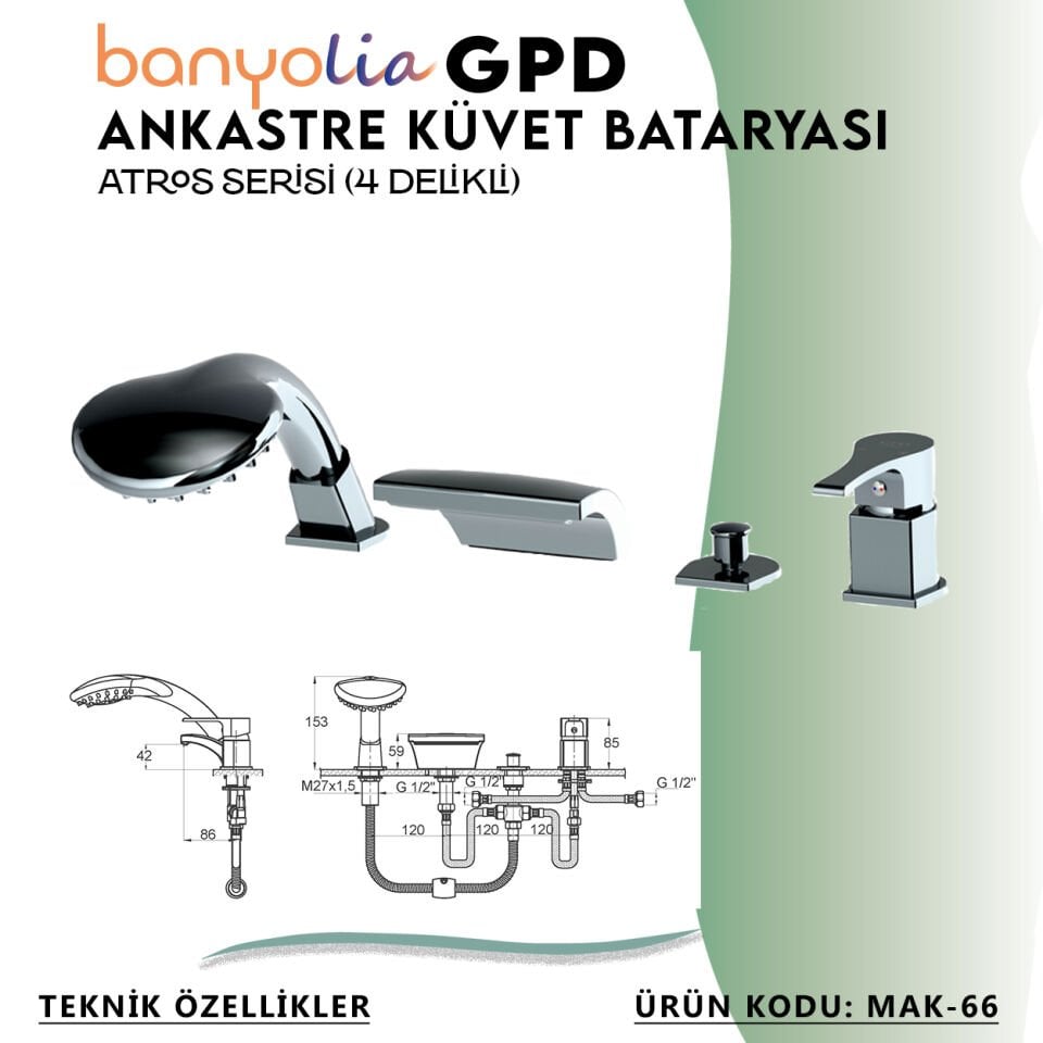 BANYOLİA - GPD Atros Ankastre Küvet Bataryası (4 Delikli)  (MAK66)