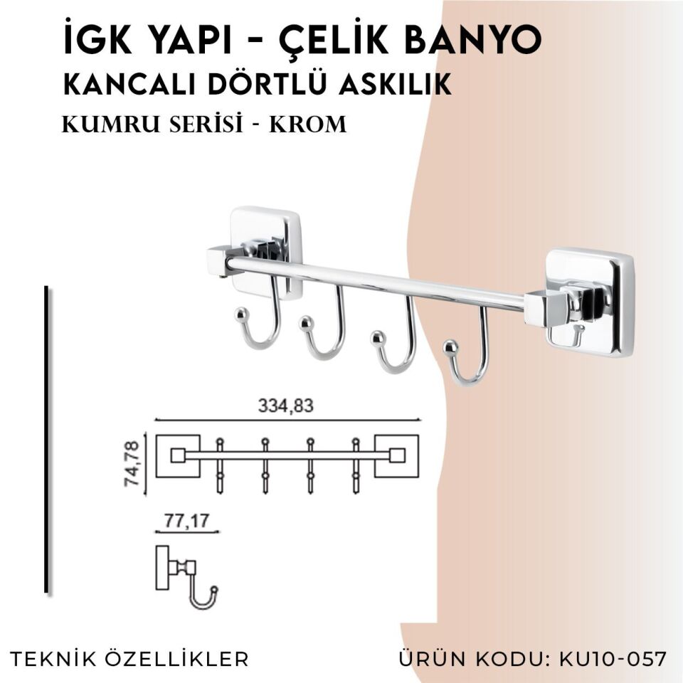 İGK YAPI - Çelik Banyo Kumru Kancalı Dörtlü Askılık (KU10-057)