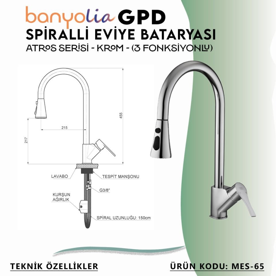 BANYOLİA - GPD Atros Spiralli Eviye Bataryası (2 Fonksiyonlu)  (MES65)