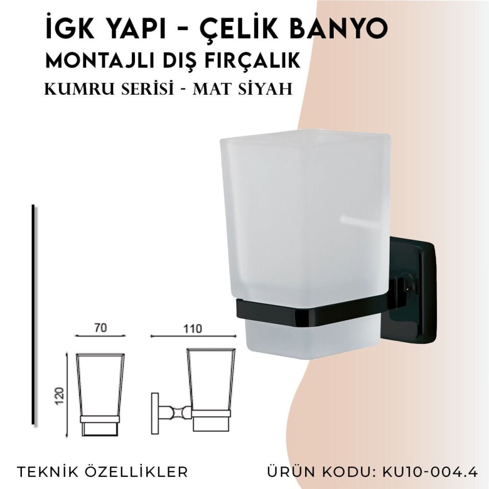 İGK YAPI - Çelik Banyo Kumru Mat Siyah Montajlı Diş Fırçalık (KU10-004.4)