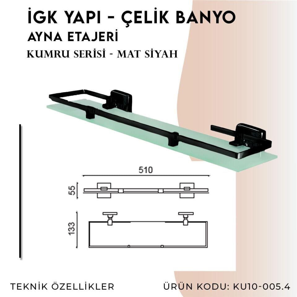 İGK YAPI - Çelik Banyo Kumru Mat Siyah Ayna Etajeri (KU10-005.4)