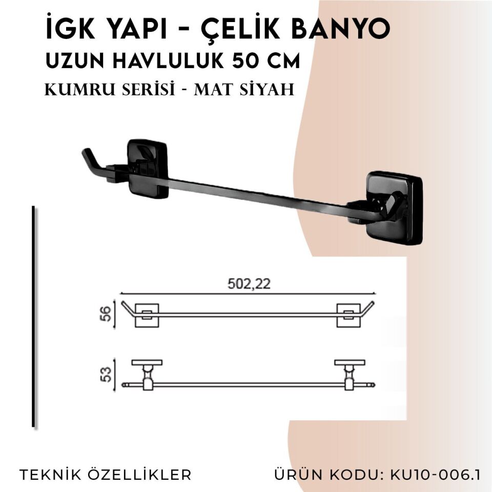 İGK YAPI - Çelik Banyo Kumru Mat Siyah Uzun Havluluk 50cm (KU10-006.4)