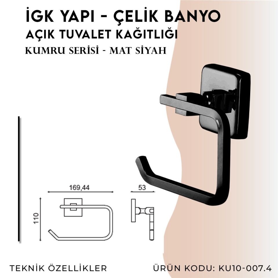 İGK YAPI - Çelik Banyo Kumru Mat Siyah Açık Tuvalet Kâğıtlığı (KU10-007.4)