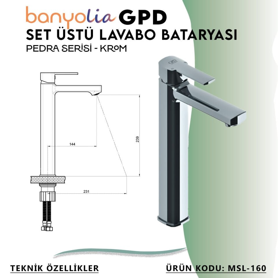 BANYOLİA - GPD Pedra Set Üstü Lavabo Bataryası  (MSL160)