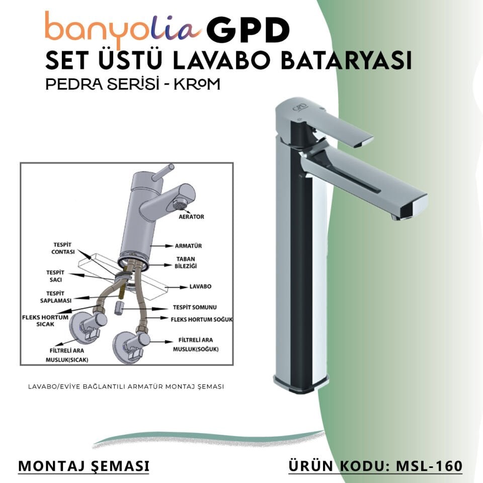 BANYOLİA - GPD Pedra Set Üstü Lavabo Bataryası  (MSL160)