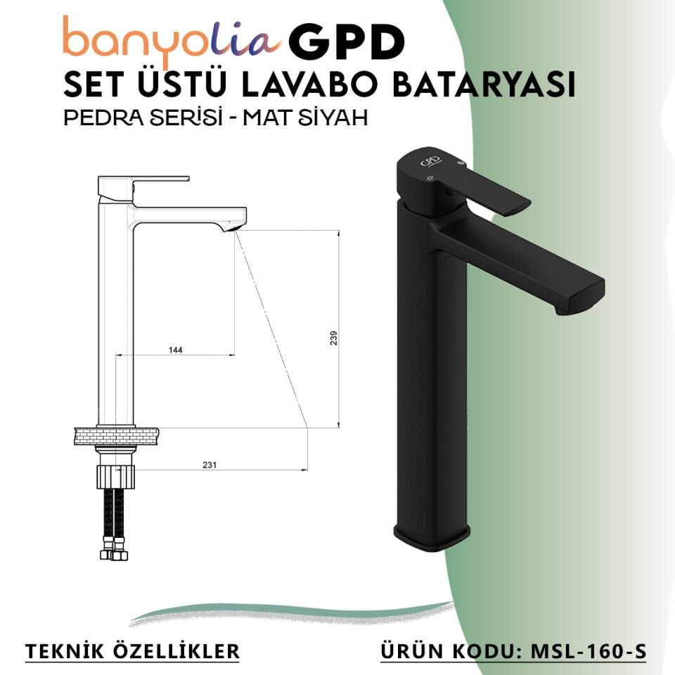BANYOLİA - GPD S Pedra Set Üstü Lavabo Bataryası  (MSL160-S)