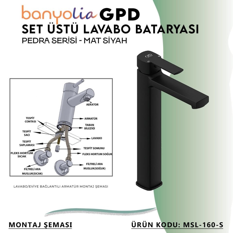 BANYOLİA - GPD S Pedra Set Üstü Lavabo Bataryası  (MSL160-S)