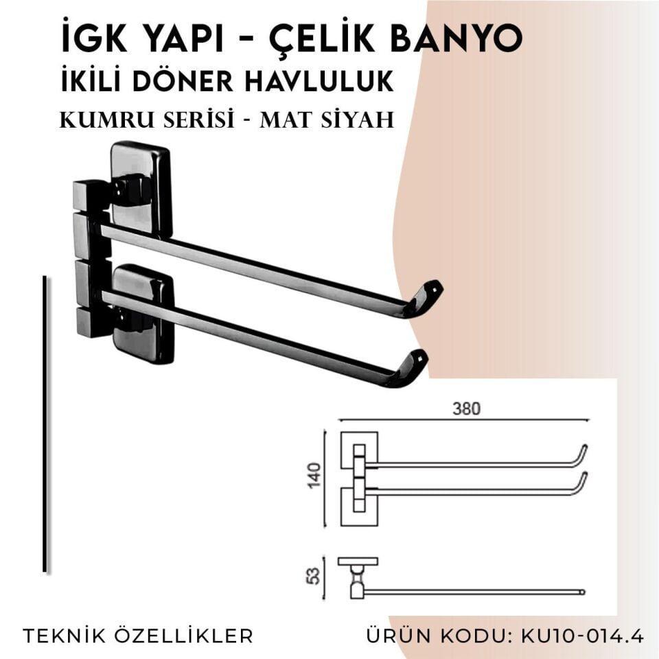 İGK YAPI - Çelik Banyo Kumru Mat Siyah İkili Döner Havluluk (KU10-014.4)