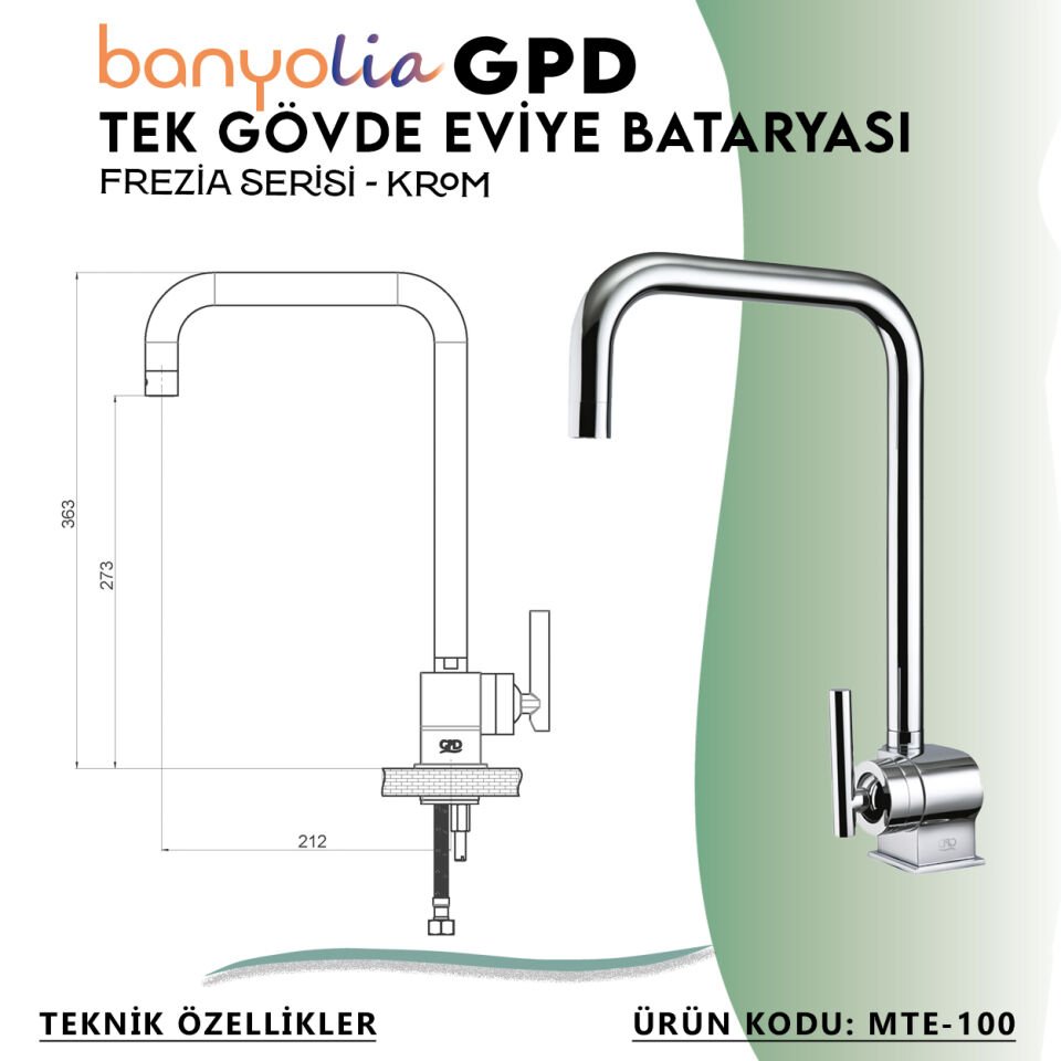 BANYOLİA - GPD Frezia Tek Gövde Eviye Bataryası  (MTE100)