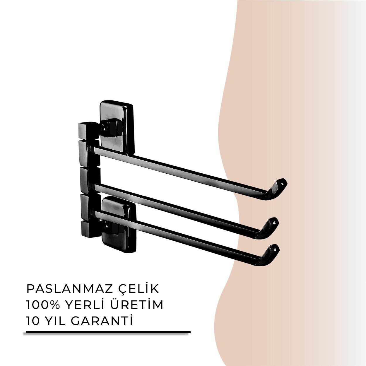 İGK YAPI - Çelik Banyo Kumru Mat Siyah Üçlü Döner Havluluk (KU10-015.4)