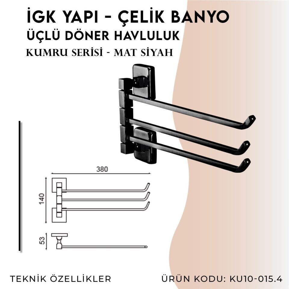 İGK YAPI - Çelik Banyo Kumru Mat Siyah Üçlü Döner Havluluk (KU10-015.4)