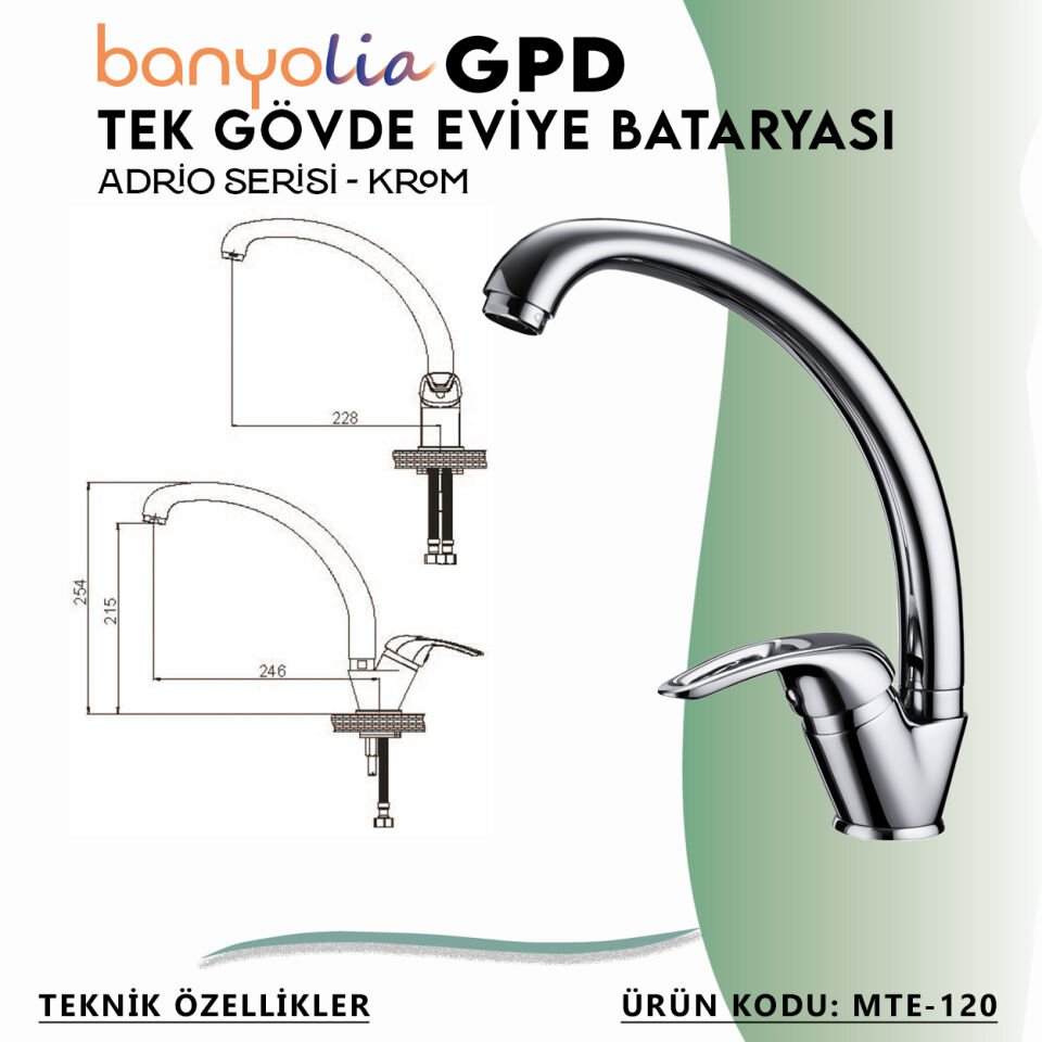 BANYOLİA - GPD Adrio Tek Gövde Eviye Bataryası  (MTE120)