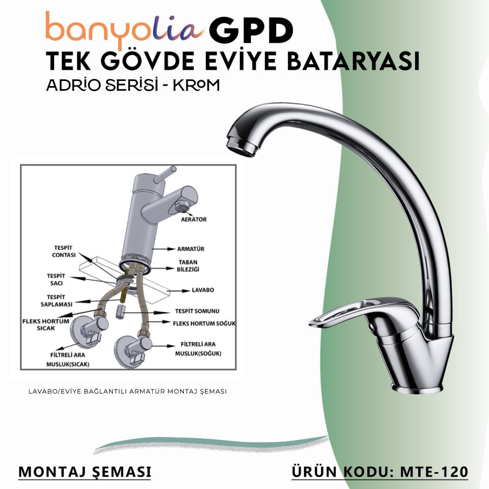 BANYOLİA - GPD Adrio Tek Gövde Eviye Bataryası  (MTE120)
