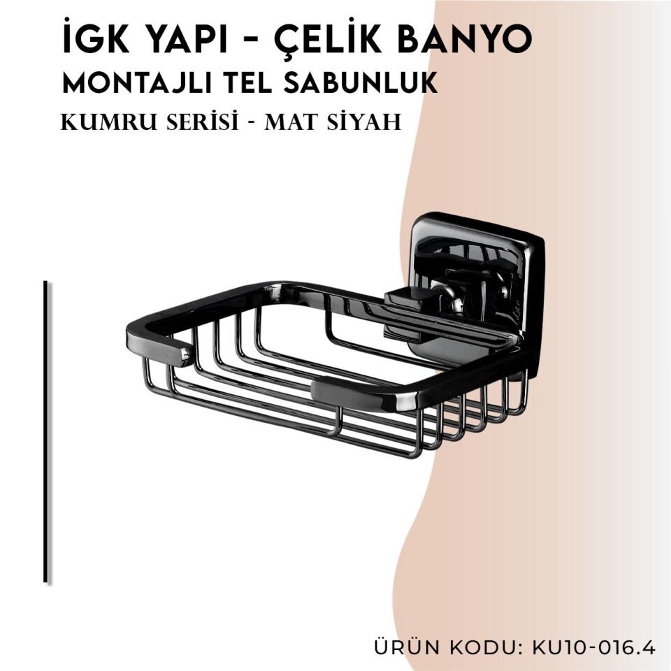 İGK YAPI - Çelik Banyo Kumru Mat Siyah Montajlı Tel Sabunluk Kare (KU10-016.4)