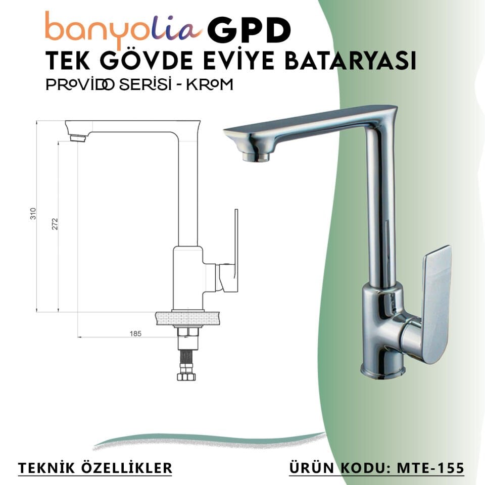 BANYOLİA - GPD Provido Tek Gövde Eviye Bataryası  (MTE155)